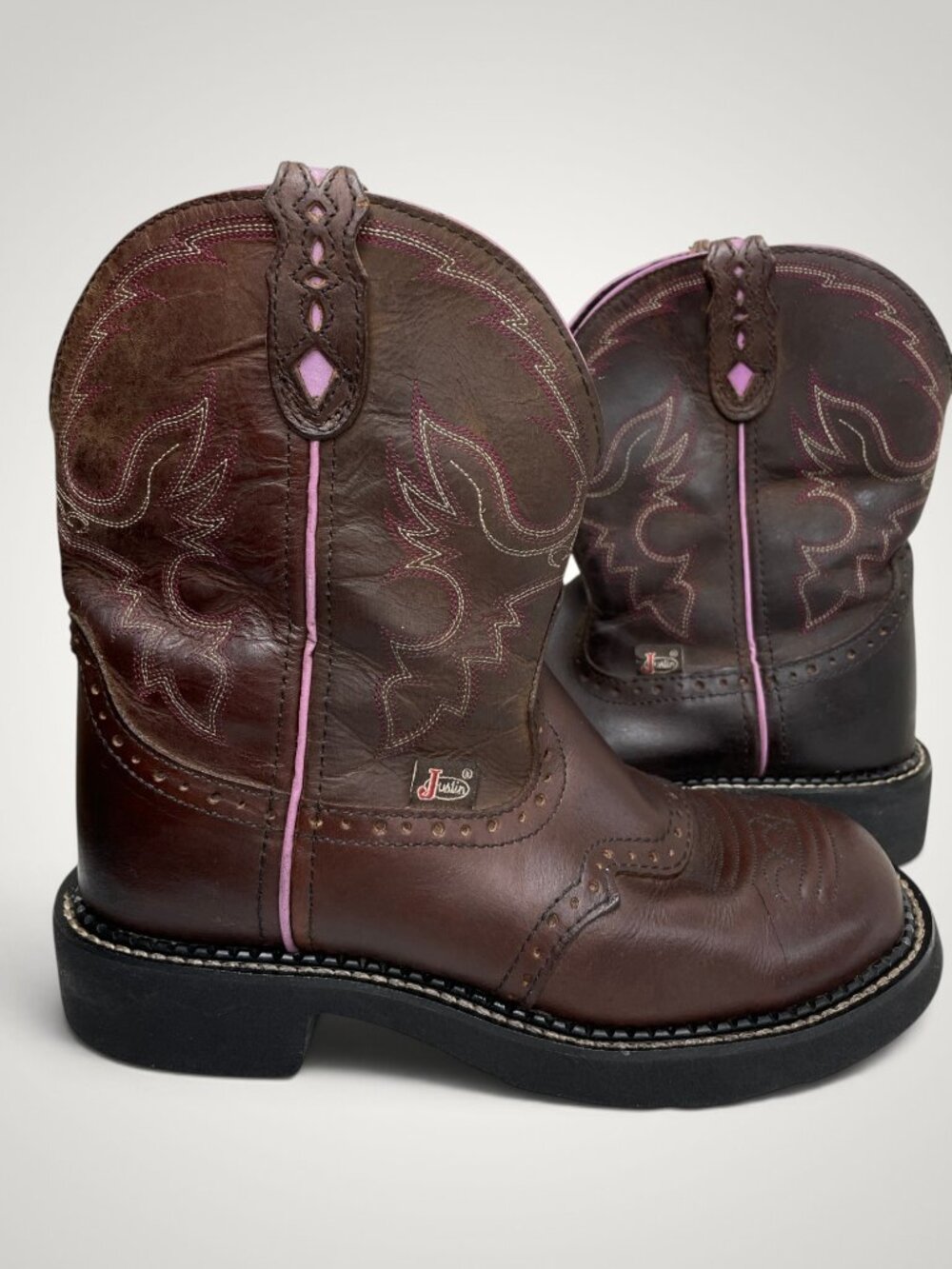 Justin Gypsy Brown Leather Western Cowgirl Roper Boots Pink Trim Women's 7.5 B